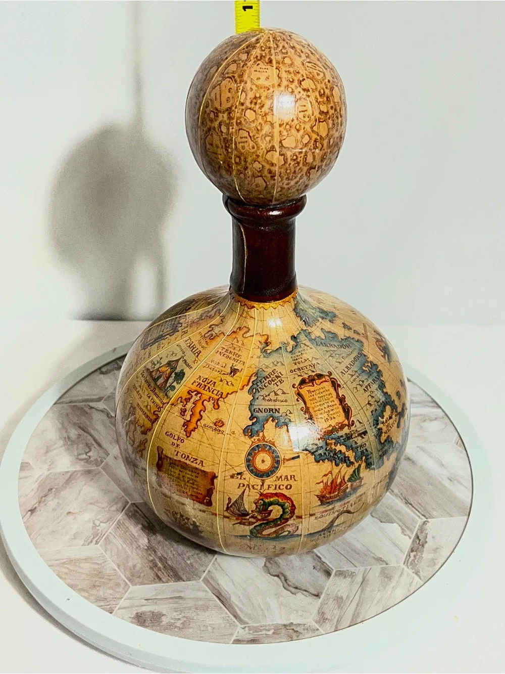 Vintage Decanter Bottle Old World Map Globe Design Wood Stopper 11”